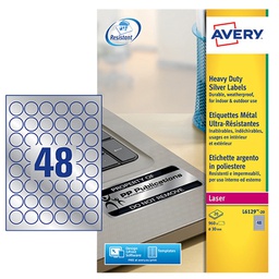 [96946] Poliestere adesivo L6129 argento 20fg A4 D 30mm(48et/fg laser Avery