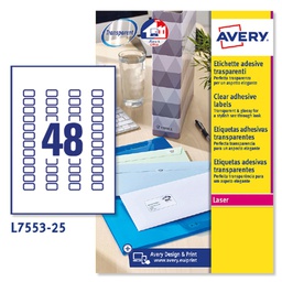 [45210] Poliestere adesivo L7553 trasparente 25fg A4 22x12,7mm (48et/fg laser Avery