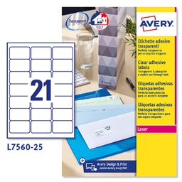[45199] Poliestere adesivo L7560 trasparente 25fg A4 63,5x38,1mm (21et/fg laser Avery