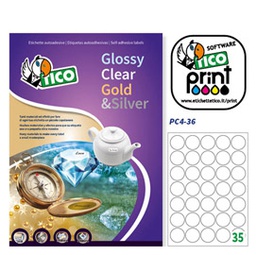 [68736] Poliestere adesivo PC4 trasparente 100fg A4 D36mm (35et/fg laser Tico