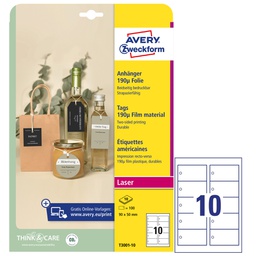 [101311] Cartellini stampabili resistenti 190mic 90x50mm 10fg(10cart/fg bianco Avery