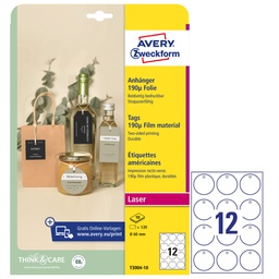 [101314] Cartellini stampabili resistenti 190mic D60mm 10fg(12cart/fg bianco Avery