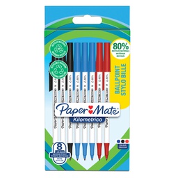 [101523] Astuccio 8 penne sfera c/cappuccio Kilometrico Recycled 1.0mm col.ass Papermate