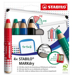 [100529] Astuccio 4 matitoni per lavagne STABILO MARKdry + temperino + panno microfibra