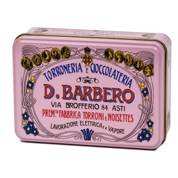 [100969] Scrigno regalo rosa in metallo con torroni bianchi friabili100gr Barbero