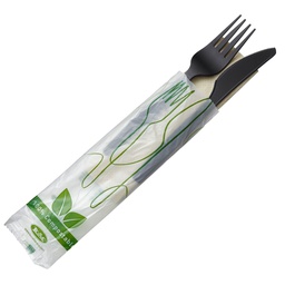 [101411] 250 Bis Coltello e forchetta in CPLA nero con tovagliolo Leone