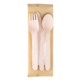 [96707] 100 Tris posate monouso in legno con tovagliolo 16 cm Signor Bio