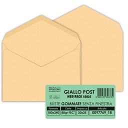 [38100] 25 buste GIALLO POSTALE gommata carta riciclata FSC® 180x240mm 80gr Pigna Envelo