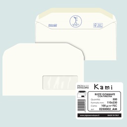 [90092] 500 busteKAMI GOMMATE bianca carta riciclata FSC®c/finestra110x230mm 100gr Pigna