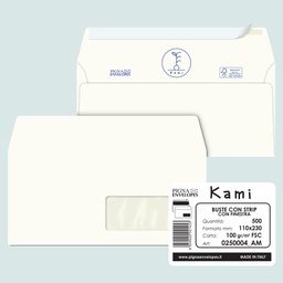 [90094] 500 buste KAMI STRIP bianca carta riciclata FSC c/finestra 110x230mm 100gr Pigna