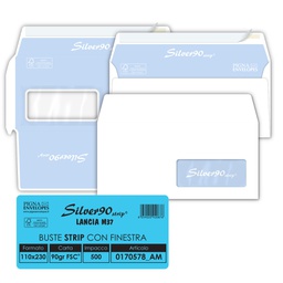 [36973] 500 busteSILVER90 STRIP FSC®bianca internografata c/finestra110x230mm 90gr Pigna