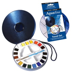 [85385] Acquerelli AQUAFINE Scatola met. 18 godet +pennello+2 tavolozze Daler Rowney