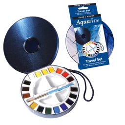[85385] Acquerelli AQUAFINE Scatola met. 18 godet +pennello+2 tavolozze Daler Rowney