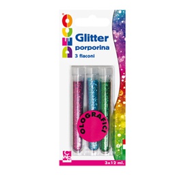 [82414] ***Blister glitter 3 flaconi grana fine 12ml colori assortiti olografici DECO